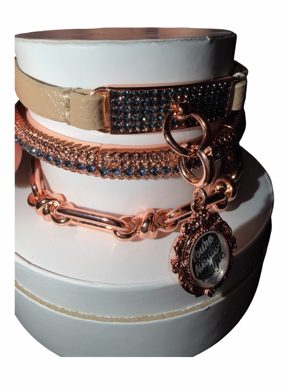 Rose Gold Multi-Strand Charm Bracelet with Beige Strap - Picture 2 of 4